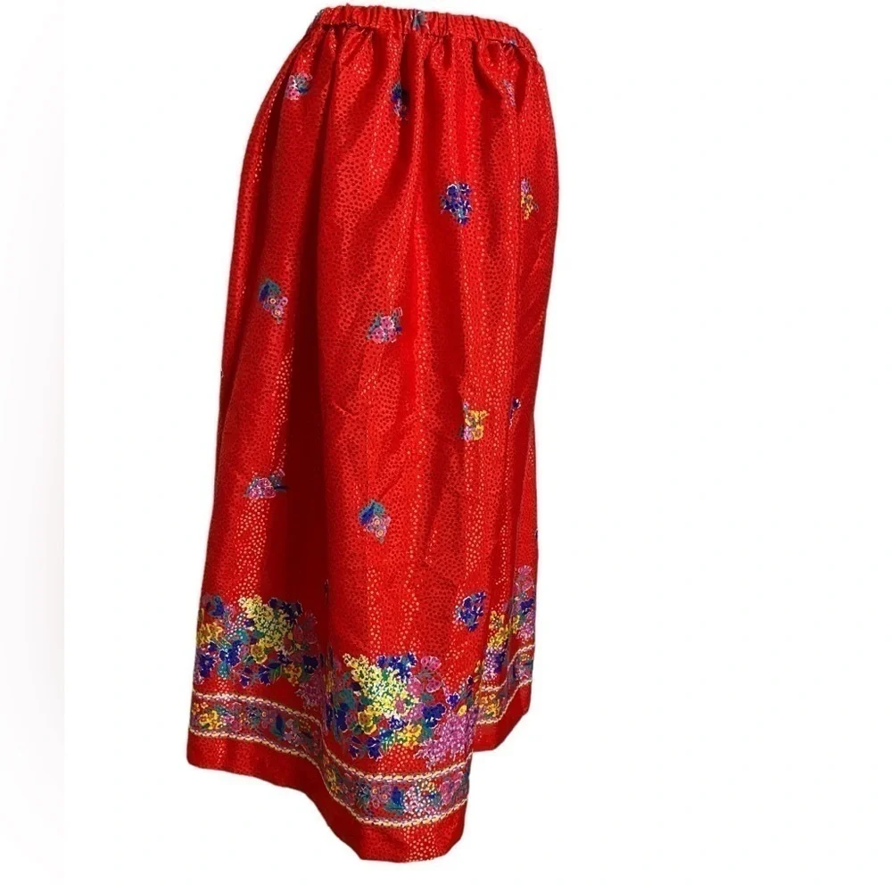 Handmade Red Shiny Polka Dot and Floral Midi Skirt